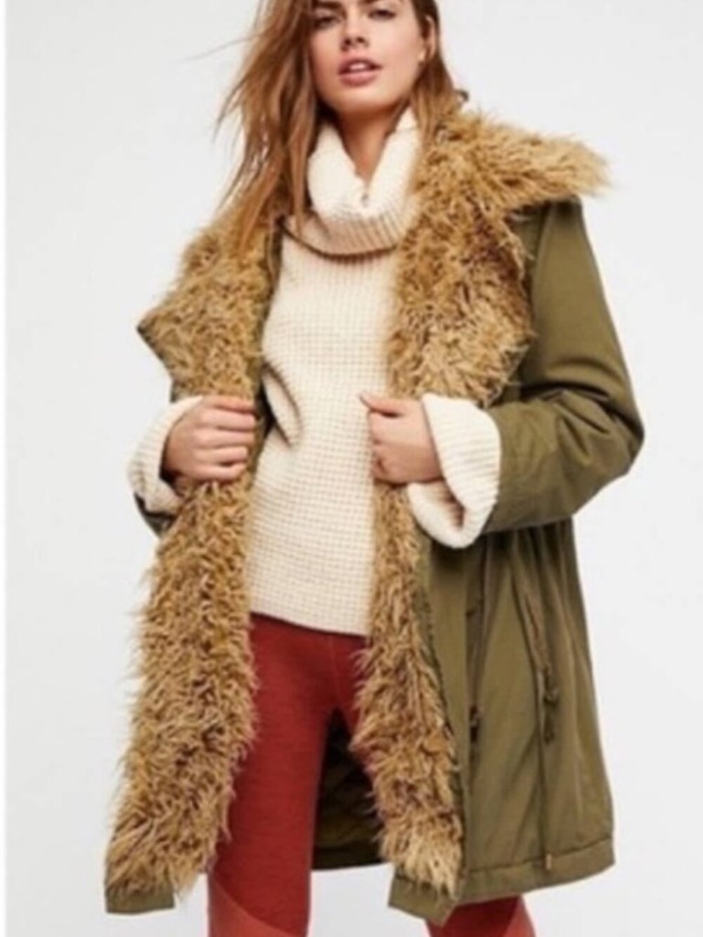 Free People Green Oversized Parka With Faux Fur Extreme Moto Coat, S